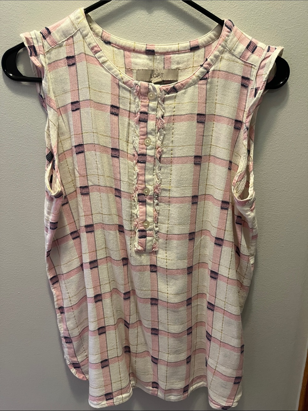 LOFT White and Pink Plaid Sleeveless Button Blouse